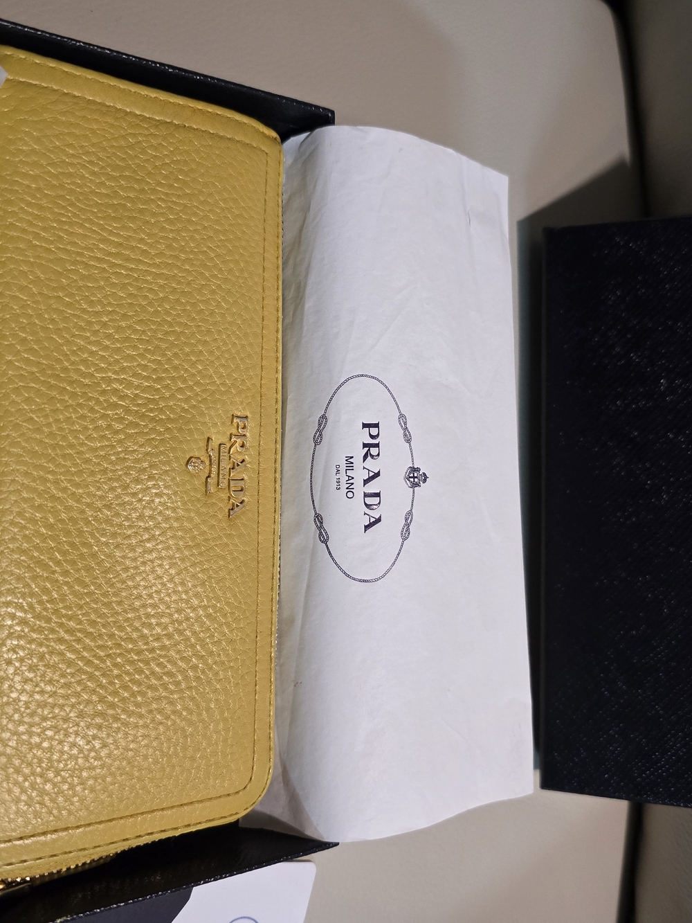 Prada EUC Yellow Saffiano Leather Zip Wallet w/Authenticity Card & In The Box 8"